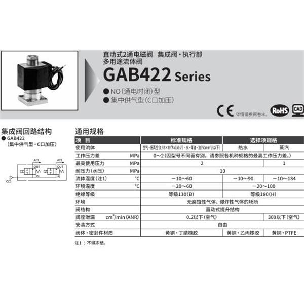 CKD喜開理多種流體直動式2通電磁集成閥GAB422G-3-0-AC100V