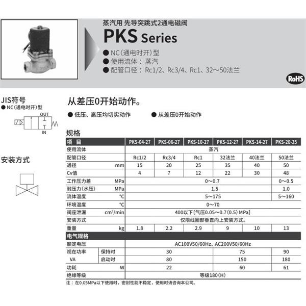 CKD喜開理蒸汽用先導(dǎo)突跳式2通電磁閥PKS-14-27-4M-AC100V