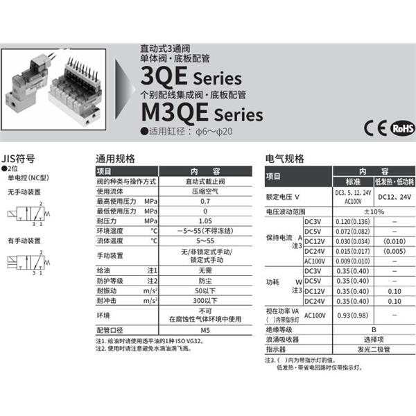 CKD喜開理直動式3通電磁閥3QE110-M5-M1E3F-8