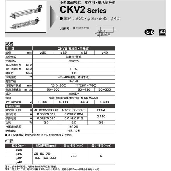 CKD喜開理小型帶閥氣缸CKV2-00-32-25-U-1-T0H-R-JI