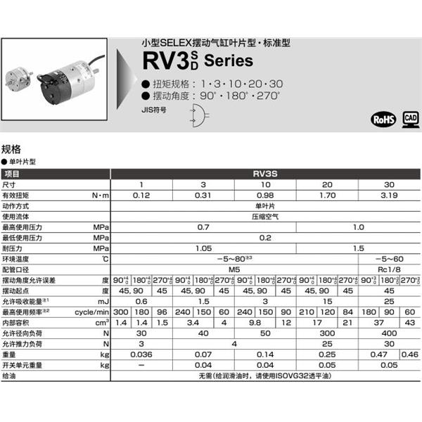 CKD喜開理臺式擺動氣缸RV3D30-270-SR-U-FA